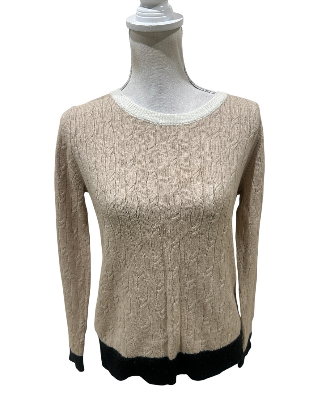 LOFT Beige Cable-Knit Crewneck Sweater Black Trim wool blend medium